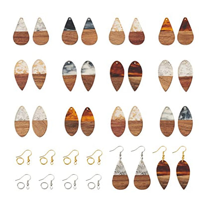 FASHEWELRY Resin Wood Earring Kit with 24Pcs Teardrop Wooden Resin Earring Charms Wood Earring Blanks Earring Findings Open Jump Rings French Earring