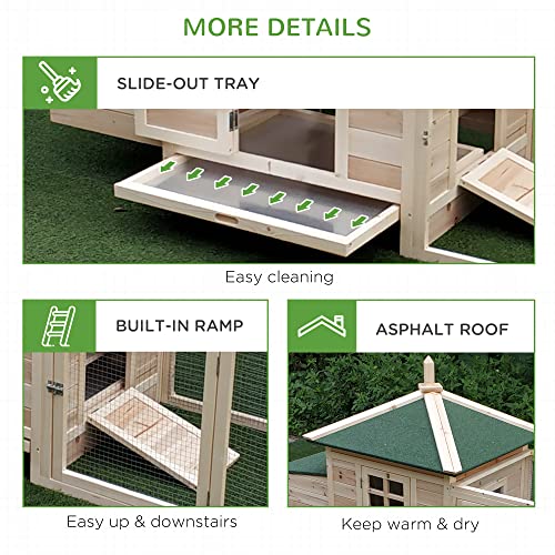 PawHut 77" Wooden Chicken Coop with Nesting Box, Cute Outdoor Hen House with Removable Tray, Ramp Run, for Garden Backyard, Natural - WoodArtSupply