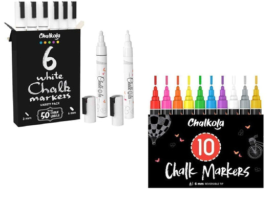 Chalkola Trendy Art Bundle - 6 White + 10 Bold Colors Liquid Markers - WoodArtSupply