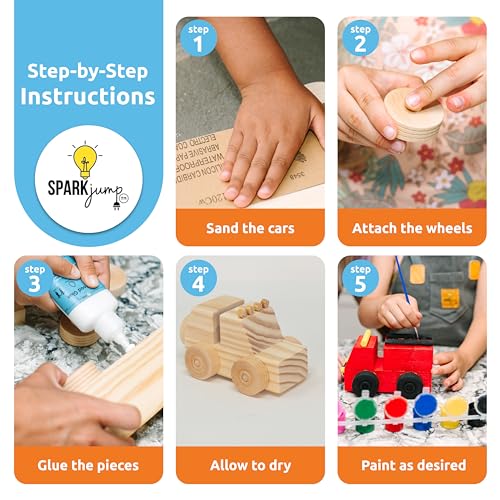 SparkJump Build & Paint Your Own Wooden Cars - Creative & Fun Arts & Crafts for Kids - Woodworking Kit for Kids - Easy to Assemble Wooden Cars to SparkJump
