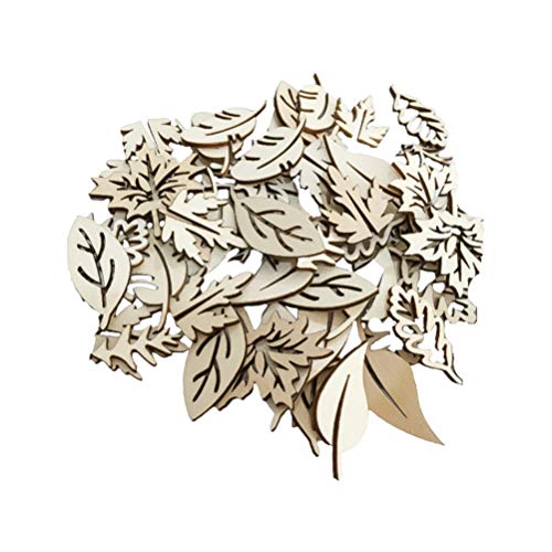 Happyyami 50pcs Wooden Leaves Unfinished Wood Cutouts Wood Shapes Pieces Wood Discs Slices for DIY Craft Wedding Birthday Party Favors Centerpieces Happyyami