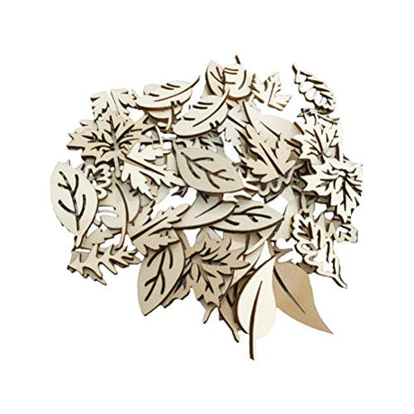 Happyyami 50pcs Wooden Leaves Unfinished Wood Cutouts Wood Shapes Pieces Wood Discs Slices for DIY Craft Wedding Birthday Party Favors Centerpieces Happyyami