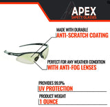 Malta Dynamics APEX Safety Glasses, ANSI/ISEA Z87.1, 12 Pair, Indoor/Outdoor Style Malta Dynamics