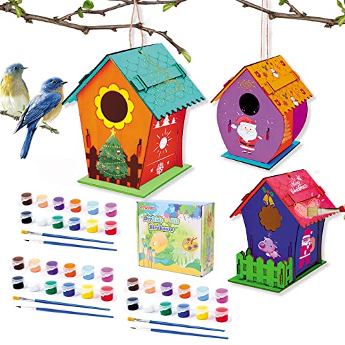 3 Pack DIY Wooden Birdhouse Kits, Arts and Crafts Painting Kits for Kids, Includes Unfinished Wooden Bird House, Paints, Brushes, Creative Gifts for