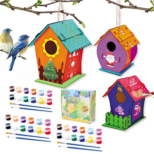 3 Pack DIY Wooden Birdhouse Kits, Arts and Crafts Painting Kits for Kids, Includes Unfinished Wooden Bird House, Paints, Brushes, Creative Gifts for - WoodArtSupply