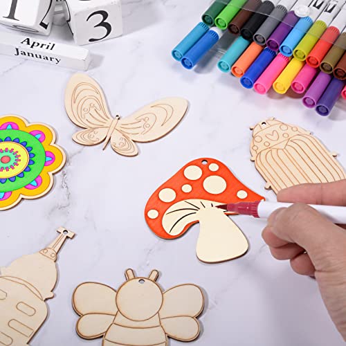 60Pcs Wood Cutouts Ornaments for Crafts Butterfly Flower Unfinished Wooden Slices DIY Paint Crafts Blank Hanging Embellishment for Kids Painting HooAMI