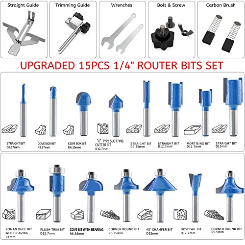 TwoWin Router Tool, 110V 800W Compact Palm Wood Router Tool for Woodworking, Electric Hand Trimmer 1/4" Collets Woodworking Tool Laminate Trimmer + TwoWin
