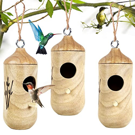 Hummingbird House for Outside Hanging,Wooden Humming Bird Nest 3 Pcs with Hemp Ropes (MI3723) Kmise