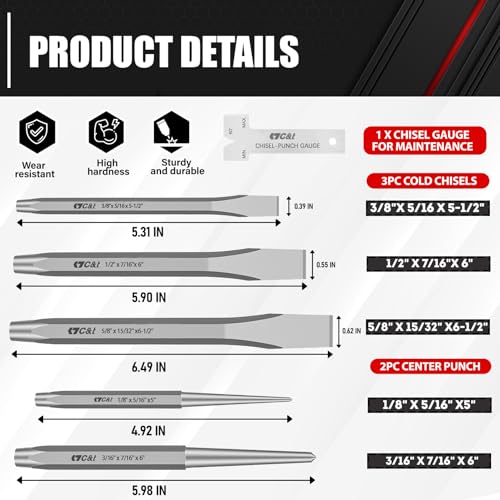 C&T 16-Piece Punch and Chisel Set with Storage Pouch, Including Taper Punch, Cold Chisels, Pin Punch, Center Punch, Chrome Vanadium Steel - WoodArtSupply