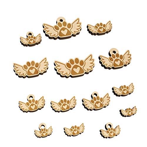 Paw Print Angel Wings with Heart Dog Cat Mini Wood Shape Charms Jewelry DIY Craft - 25mm (7pcs) - No Hole - WoodArtSupply