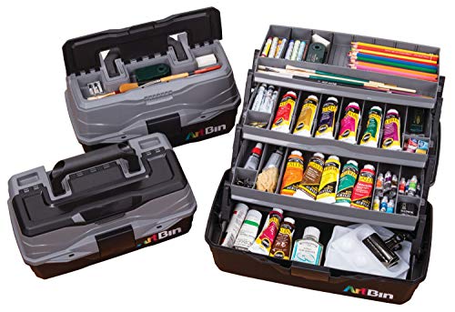 ArtBin 6893AG 3-Tray Art Supply Box, Portable Art & Craft Organizer with Lift-Up Trays, [1] Plastic Storage Case, Gray/Black ArtBin