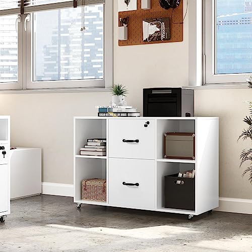 Yaheetech White File Cabinet Mobile Letter Size File Cabinet with 2 Drawers and 4 Open Storage Shelves Large Mobile Lateral Filing Cabinet Printer Yaheetech
