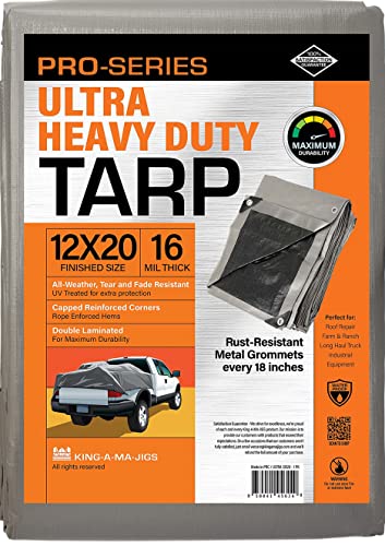 12x20 Ultra Heavy Duty Tarp, Extra Thick 16 Mil, UV Resistant, Grommets Every 18 Inches - Waterproof Plastic Poly Tarpaulin - (Reversible, Silver and