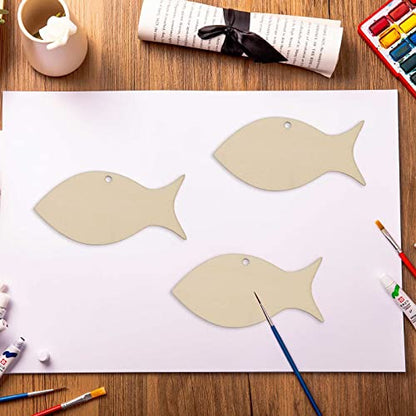 Creaides Fish Wood DIY Craft Cutout Wooden Sea Animals Hanging Ornaments with Hole Hemp Ropes Gift Tags for Wedding Birthday Party Decoration