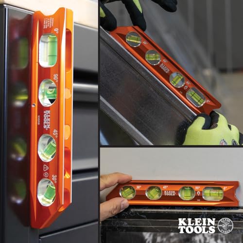 Klein Tools 935RB Torpedo Level, 8-Inch Billet Magnetic Level, 0/30/45/90 Degree Vials, V-Groove, Tapered Nose, High-Visibility Vial and Body Klein Tools