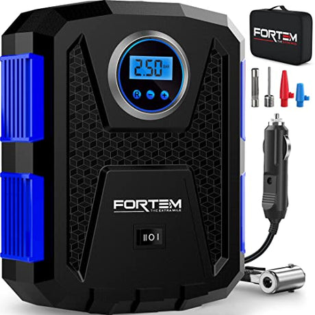 FORTEM Tire Inflator Portable Air Compressor 150 PSI, Bike Pump, 12V Electric Air Pump for Car Tires and Bicycles w/LED Light, Digital Tire Pressure FORTEM