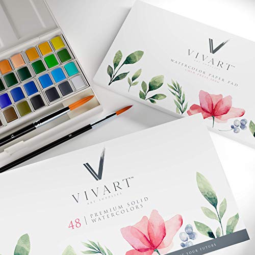 Watercolor Paint Set with 48 Premium Colors, 2 Artist Paint Brushes, 20-Sheet Paper Pad, Bonus Watercolor eBook Vivart