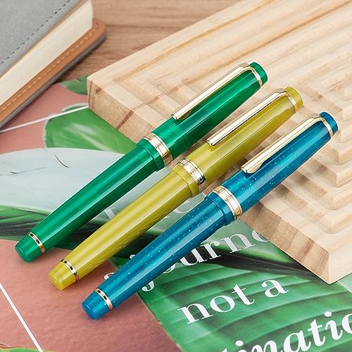 Jinhao 82 Acrylic Fountain Pen, Iridium Extra Fine Nib with Ink Converter, Transparent Peacock Blue Fluorescent Classic Design Smooth Writing Pen Wikult