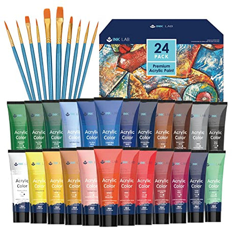 Acrylic Paint Set 24 Colors Craft Paints in Tubes with 10 Art Brushes Rich Pigment for Artists Beginners Kids Painting on Canvas Wood Fabric Crafts, INK LAB