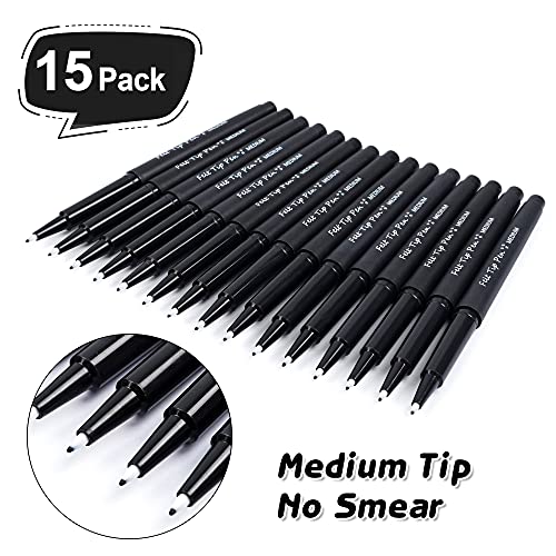 Lelix Felt Tip Pens, 15 Black Pens, 0.7mm Medium Point Felt Pens, Felt Tip Markers Pens for Journaling, Writing, Note Taking, Planner, Perfect for Lelix