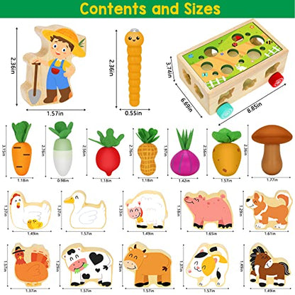 Toddlers Montessori Toys for 2,3,4 Year Old Baby Boys and Girls, Educational Wooden Shape Sorting Toys with Vegetables & Farm Animals Blocks, Fine