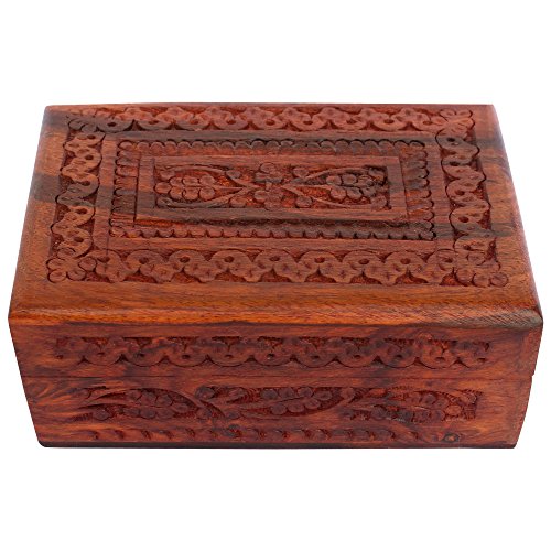 ITOS365 Handmade Wooden Keepsake Storage Case Jewelry Box Jewel Organizer - Floral Hand Carvings with Brass Inlay - Gifts for Women, 6 x 4 Inches ITOS365
