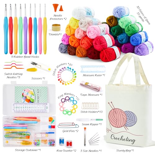 INSCRAFT Crochet Kit for Beginners Adults, 30 Acrylic Yarn Skeins 1650 Yards Yarn, 105 PCS Crochet Kit with Hooks Yarn Set,Includes Canvas Tote Bag, INSCRAFT
