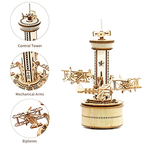 ROBOTIME 3D Wooden Puzzles for Adults DIY Musical Box Model Kit to Build Self-Assembly Building Kit Airplane-Control Tower