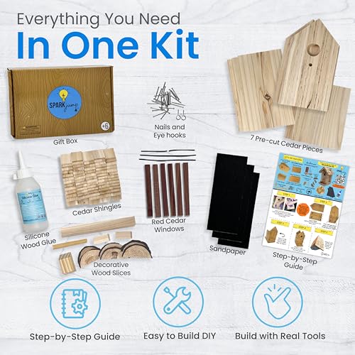 SparkJump Premium Wooden Bird House Kit | Build it Yourself Birdhouse | Birdhouse Kits for Adults to Build | DIY Bird House Kit and Woodworking Adult SparkJump