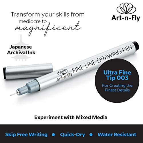 Art-n-Fly Ultra Fine Tip 003 Black Inking Pens 3 Pack with Waterproof Archival Ink Pen Fineliner - No Bleed Fine Point Pens for Bullet Journaling, Art-n-Fly