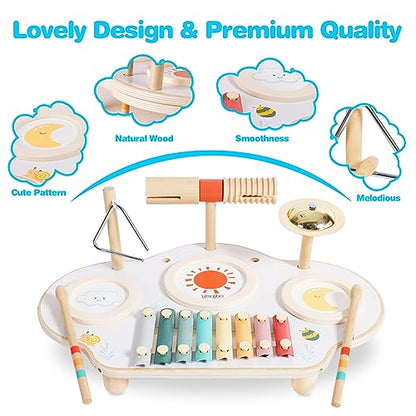 Twefex Kids Drum Set - 9 in 1 Baby Drum Set for Toddlers - Montessori Musical Instruments Toy for Babies - Wooden Xylophone Musical Toys for Boys and - WoodArtSupply