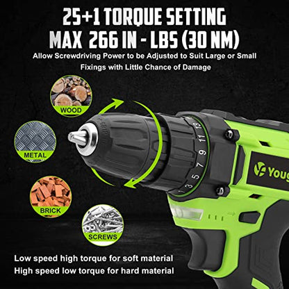 Yougfin Cordless Drill Set, 20V Power Drill Kit with Battery and Charger, 3/8" Keyless Chuck, Variable Speed, 25+1 Torque Setting, 34pcs Accessories