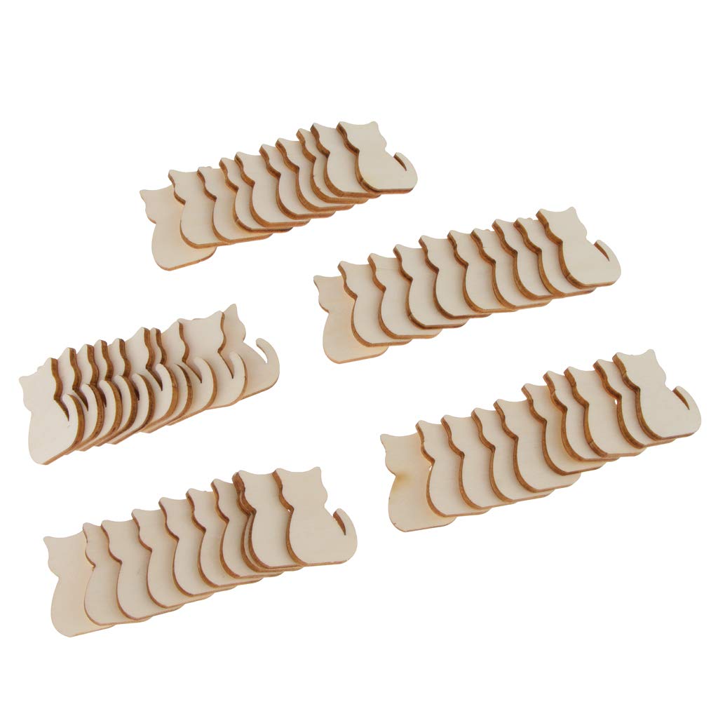 menolana 50pcs Unfinished Cat Cutout Wooden Slices Tags 3 X 2.2 X 0.2 Cm menolana