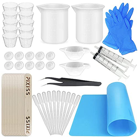 Silicone Resin Measuring Cups Tool Kit- Pixiss 100ml Measure Cups, 1oz Cups, Popsicle Stir Sticks, Pipettes, Finger Cots, Silicone Gloves, Silicone Pixiss
