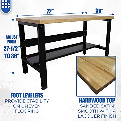 Borroughs Adjustable Height Heavy Duty Workbench with Bottom Shelf, Solid Hardwood Top, Commercial Grade, 16-Gauge Steel Legs, 30 in. x 72 in. - WoodArtSupply