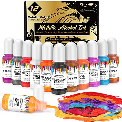 Metallic Alcohol Ink Set-12 Metal Colors Alcohol Ink,Metallic Alcohol Inks for Epoxy Resin Coloring,Concentrated Shimmer Alcohol Paint Color