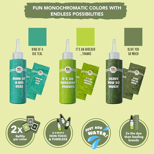 DOODLE HOG Olive, Teal & Green Tie Dye Colors Tie Dye Kit – Custom Clothing Dye with 6 Refills for Summer Activities for Kids - Tie Dye Party - WoodArtSupply