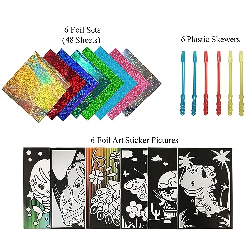 VHALE Foil Art Craft Kit 6 Pack Sticker Picture (9.5 x 6.5 inch), 48 Foil Sheets and 6 Skewers, Peel and Paste Sparkly Foil Art, Classroom Arts and - WoodArtSupply