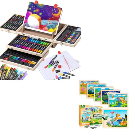 137 Piece Art Set & 6 Pack Wooden Dinosaur Puzzles for Kids - WoodArtSupply