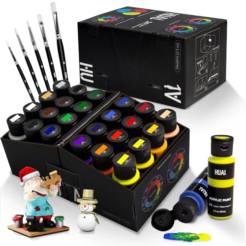 HUAL Premium Acrylic Paint Set With 5 Brushes, 24 Colors (60ml, 2oz), Non Toxic, Waterproof, Acrylic Paint Kit for Professional Artists Kids Students HUAL