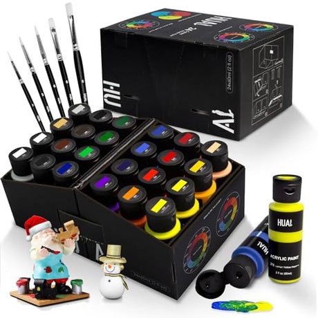 HUAL Premium Acrylic Paint Set With 5 Brushes, 24 Colors (60ml, 2oz), Non Toxic, Waterproof, Acrylic Paint Kit for Professional Artists Kids Students HUAL