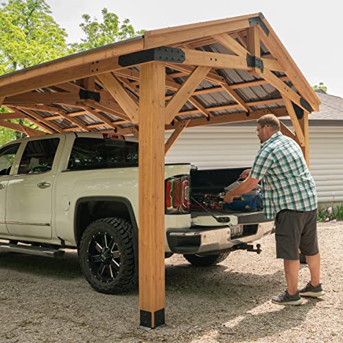 Backyard Discovery Norwood 20 ft. x 12 ft. All Cedar Wooden Carport Pavilion Gazebo with Hard Top Steel Roof Backyard Discovery