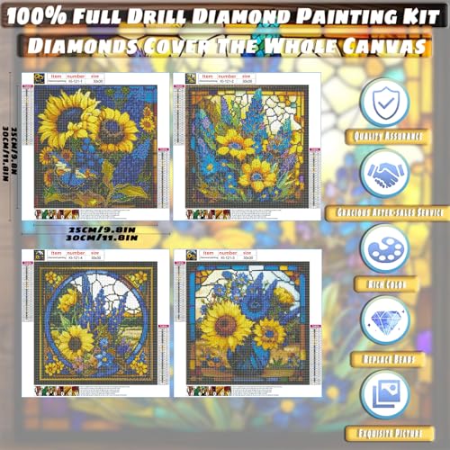 KICHANG 4Pcs Sunflower Stained Glass Diamond Painting Kits,5D Diamond Painting Kits for Adults,DIY Diamond Painting Kits Diamond Art,Round Full Drill - WoodArtSupply