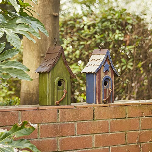 Glitzhome Green Hand Painted Garden Wood Birdhouse with Single Roof Hanging Bird House for Outside glitzhome