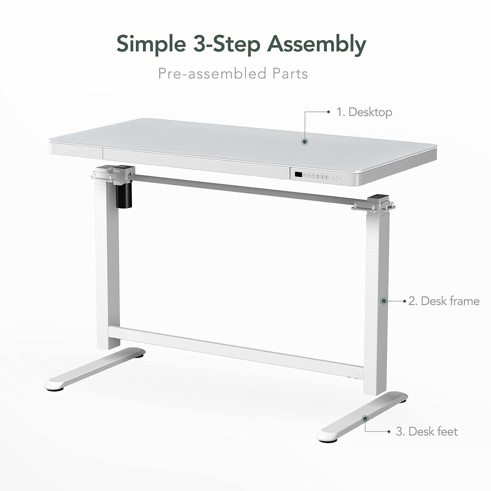 FLEXISPOT Electric Glass Standing Desk with Drawer Desktop & Adjustable Frame Quick Install w/USB Charge Ports, Child Lock (White, Glass) - WoodArtSupply