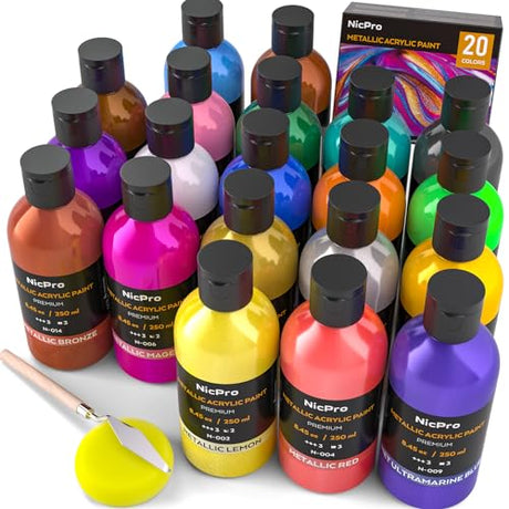 Nicpro Metallic Acrylic Paint Set (8.45 oz, 250 ml), 20 Colors Large Acrylic Paint Bulk, Non Toxic Art Painting Supplies for Multi Surface Canvas Nicpro