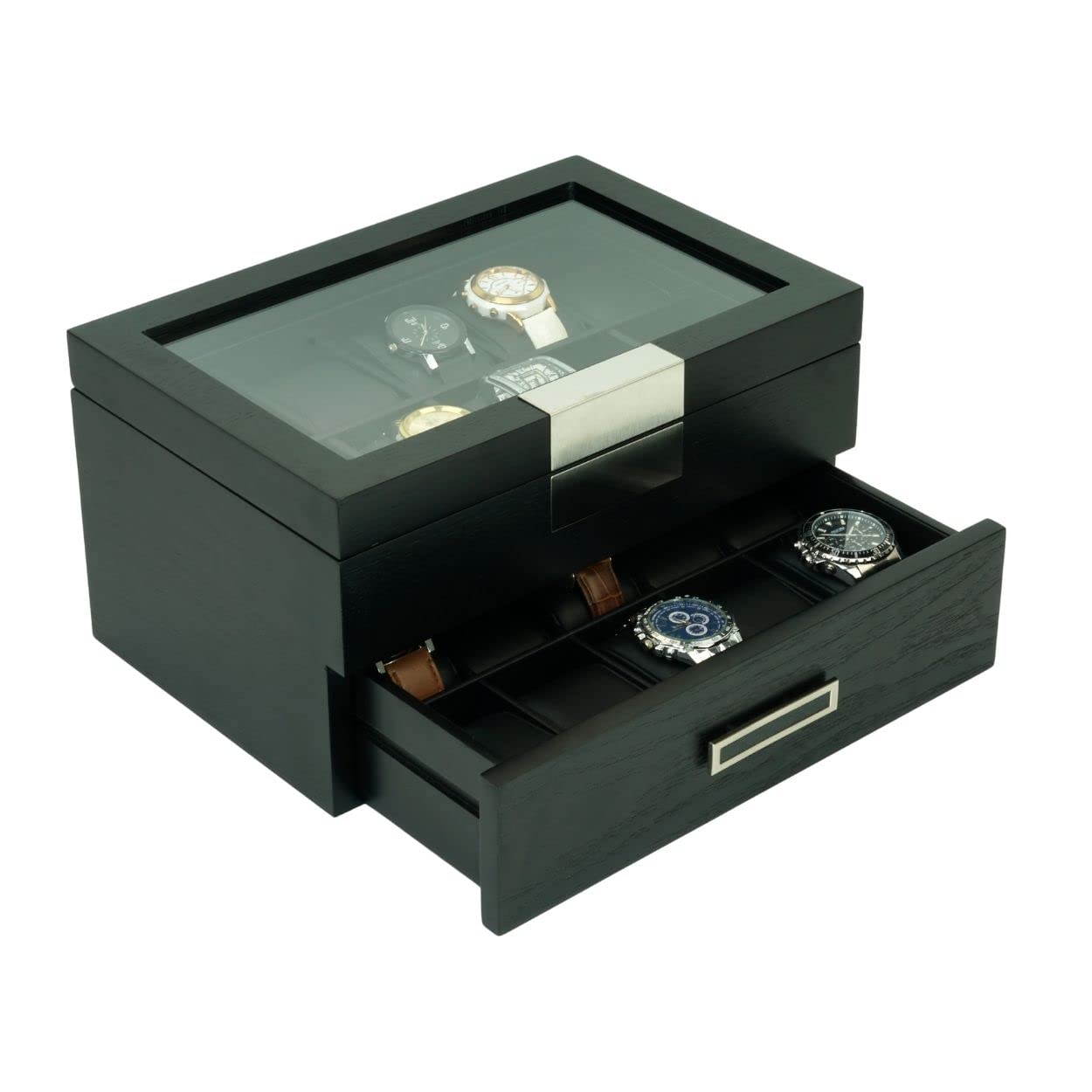 TIMELYBUYS 20 Black Ebony Wood Personalized Watch Extra Height Box Display Case 2 Level Storage Jewelry Organizer with Glass Top, Stainless Steel TIMELYBUYS