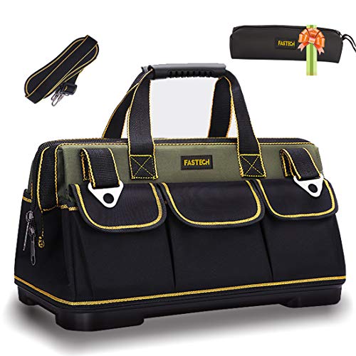 FASTECH 20-inch Wide Mouth Tool Bag with Water Proof Molded Base，Wide Mouth Tool Tote Bag,Waterproof Tool Organizer Bag for Men with Adjustable FASTECH