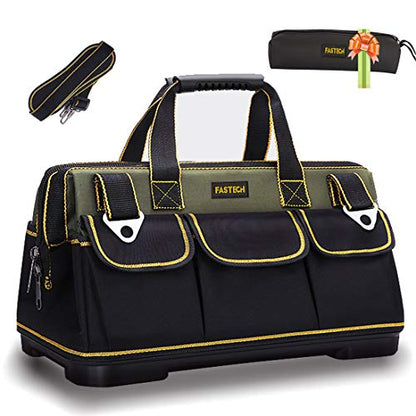 FASTECH 20-inch Wide Mouth Tool Bag with Water Proof Molded Base，Wide Mouth Tool Tote Bag,Waterproof Tool Organizer Bag for Men with Adjustable