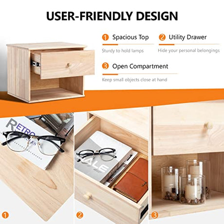 VINGLI Unfinished Natural Solid Wood Floating Nightstand for Bedroom Set of 2, Small Nightstand with Drawer & Open Shelf, Farmhouse Night Stand VINGLI